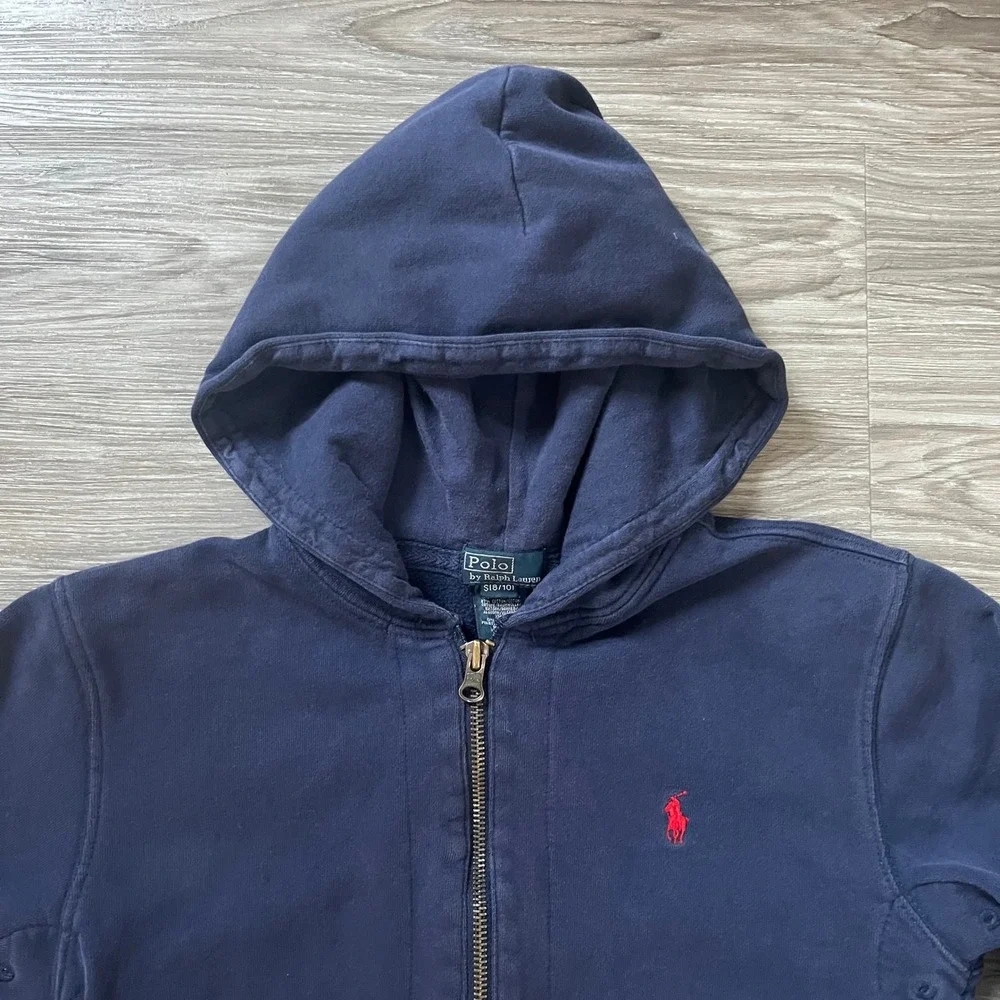 Polo Ralph Lauren Boys Navy Blue Full Zip Hoodie Sweatshirt Size S 8-10 Red Pony